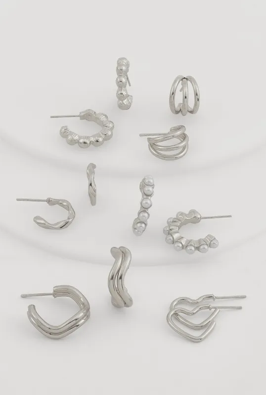 Faux Pearl Detail Assorted Metallic Hoop Earrings Set of 6 made by Rainbow