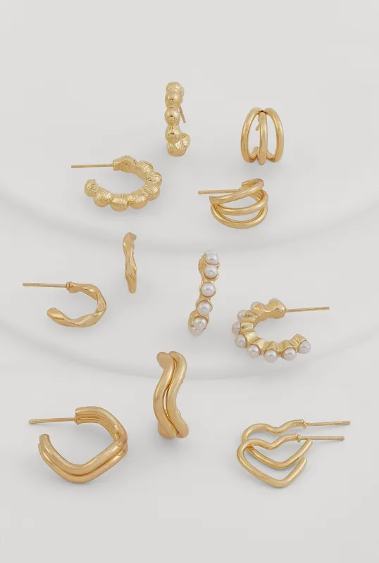 Faux Pearl Detail Assorted Metallic Hoop Earrings Set of 6 made by Rainbow