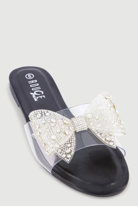 Rhinestone Bow Clear Band Slide Sandals made by Rainbow