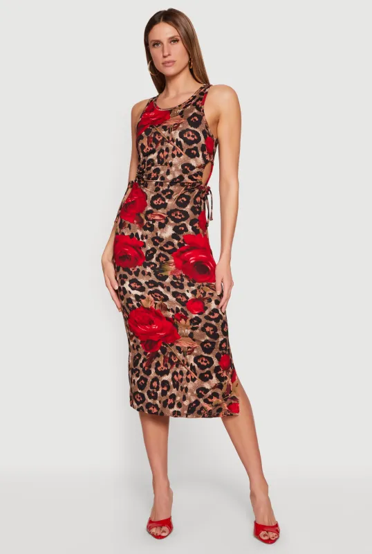 Floral Animal Print Drawstring Sides Midi Dress made by Rainbow