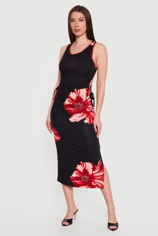 Floral Drawstring Keyhole Side Midi Dress made by Rainbow