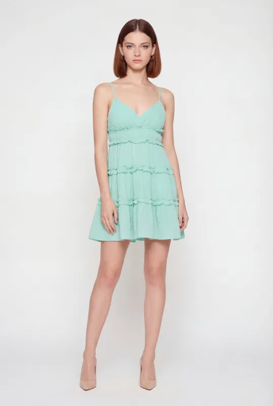Spaghetti Strap V Neck Tiered Mini Dress made by Rainbow