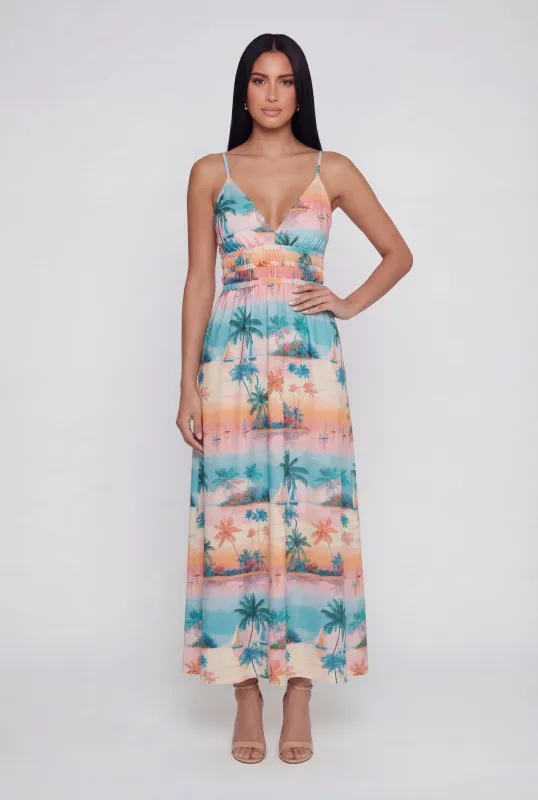 Palm Tree Island Print V Neck Maxi Dress made by Rainbow
