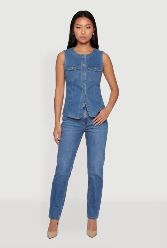 Button Front Slit Front Denim Vest made by iris