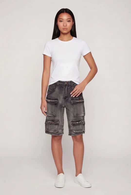 Acid Wash High Waisted Denim Cargo Bermuda Shorts made by Daisy