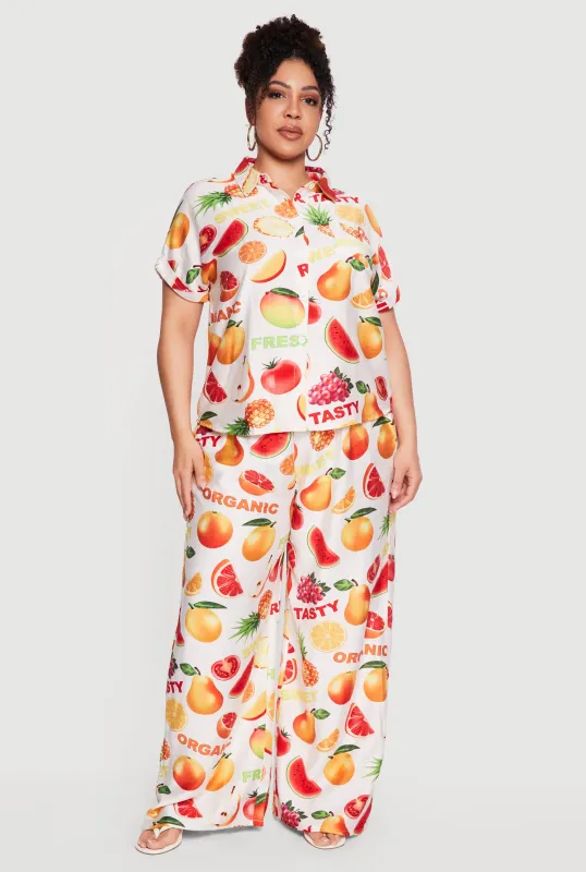 Plus Size Fruit Print High Waist Wide Leg Pants made by Rainbow
