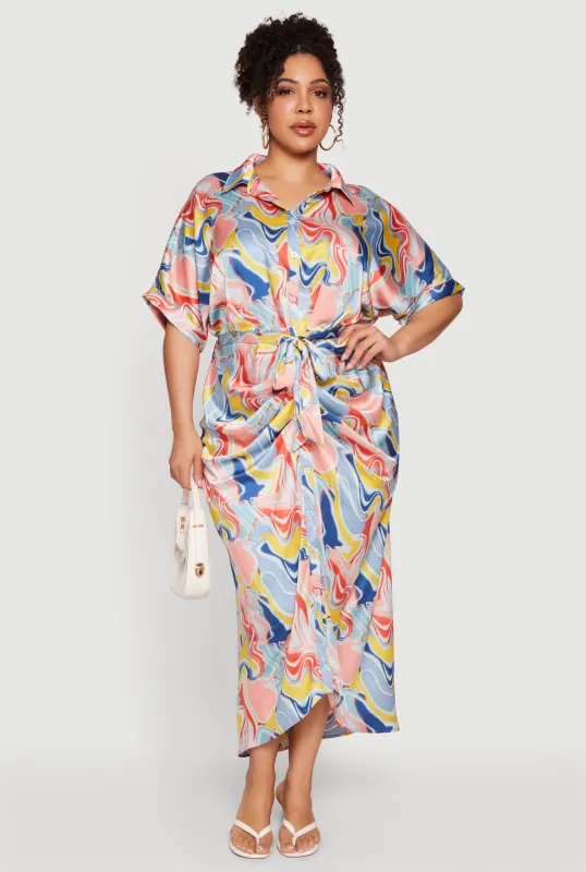 Plus Size Psychedelic Satin Shirt Dress with Tie Waist Belt made by Rainbow