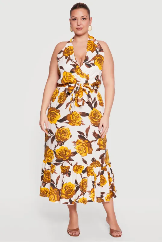 Plus Size Floral Print Tiered Halter Dress made by Rainbow