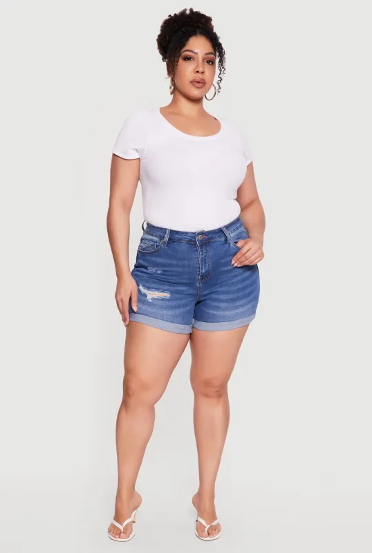 Plus Size High Waisted Distressed Denim Shorts made by Rainbow