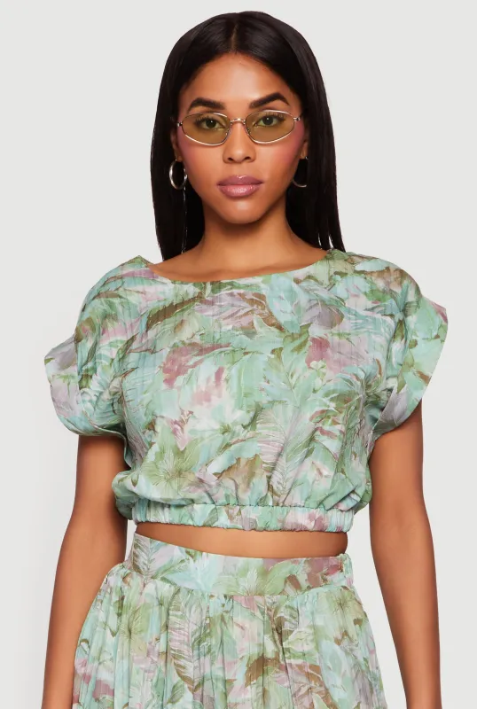 Tropical Leaf Print Cap Sleeve Crop Top made by Rainbow