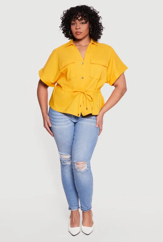 Plus Size Drawstring Waist Button Front Shirt made by Rainbow