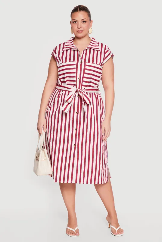 Plus Size Striped Tie Waist Belted Shirt Dress made by Rainbow