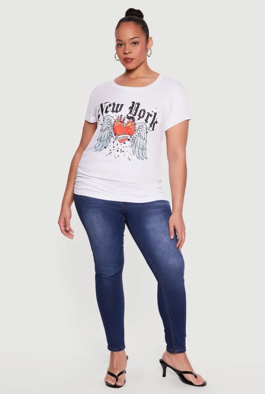 Plus Size New York Dreamer Graphic Side Ruched Tee made by Rainbow