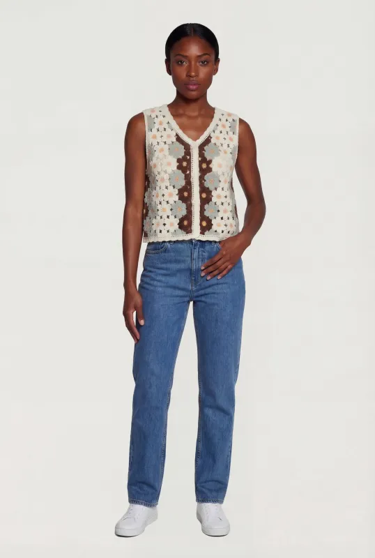 Floral Crochet Button Front Vest made by Rainbow