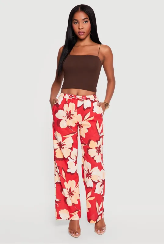 Printed Pattern Linen Wide Leg Drawstring Waist Pants made by Rainbow