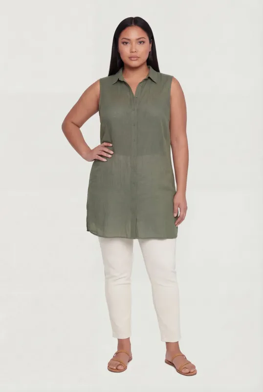 Plus Size Sleeveless Button Front Collared Tunic Blouse made by Rainbow