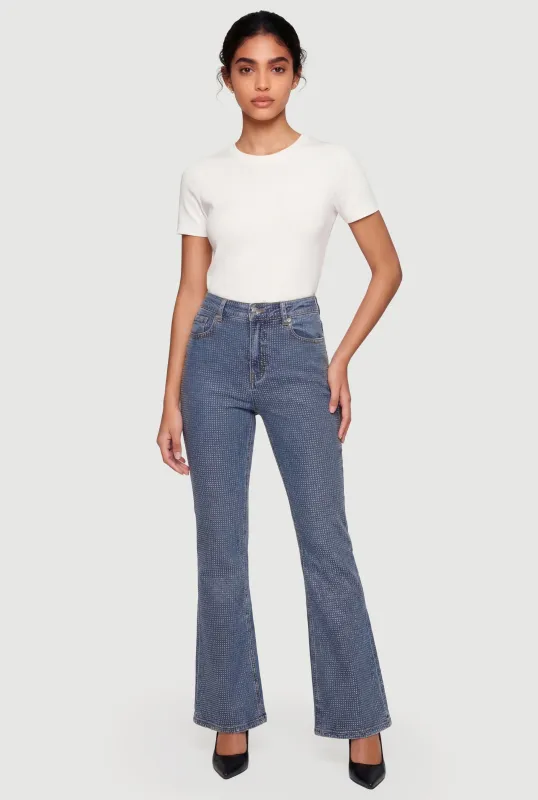 Trendy Mid Rise Rhinestone Flare Leg Jeans made by Daisy