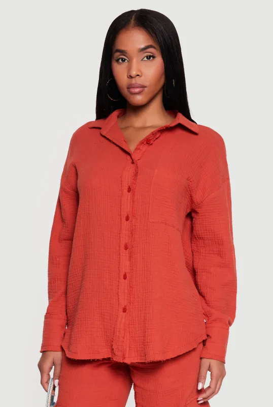 Gauze Knit Long Sleeve Shirt with Raw Hem made by Rainbow