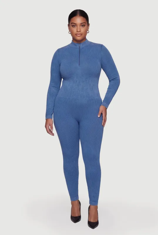 Plus Size Acid Wash Seamless Ribbed Long Sleeve Catsuit made by Rainbow