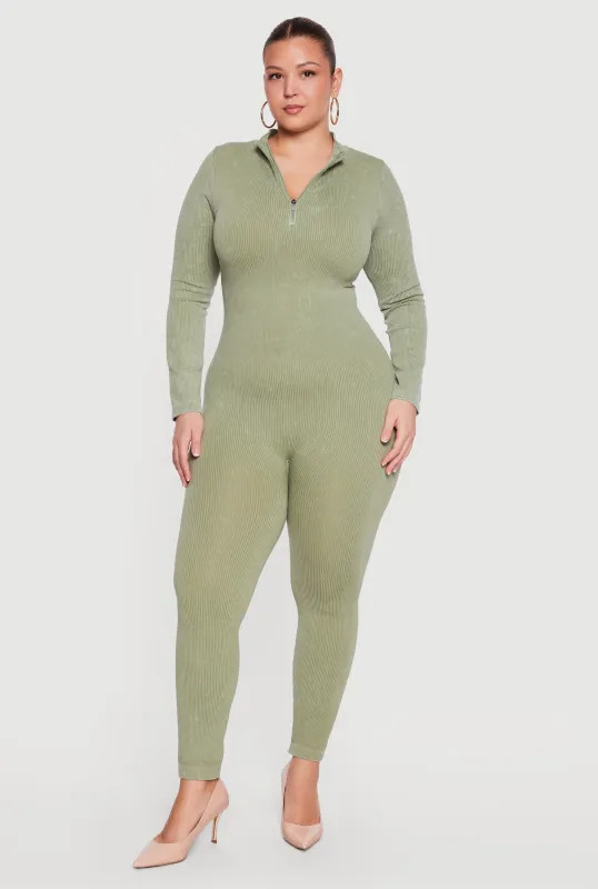 Plus Size Acid Wash Seamless Ribbed Long Sleeve Catsuit made by Rainbow
