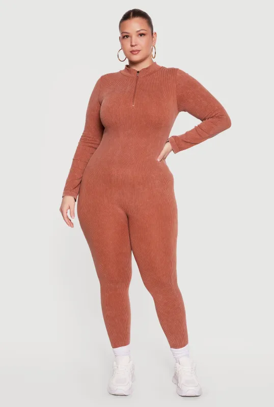 Plus Size Acid Wash Seamless Ribbed Long Sleeve Catsuit made by Rainbow