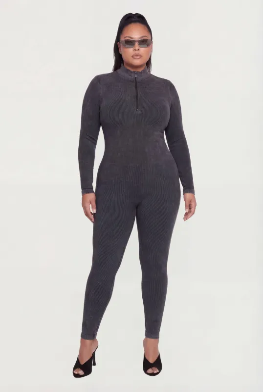 Plus Size Acid Wash Seamless Ribbed Long Sleeve Catsuit made by Rainbow