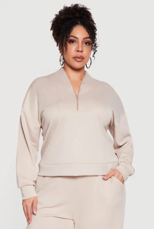 Plus Size Long Sleeve Quarter Zip Pullover Top made by Rainbow