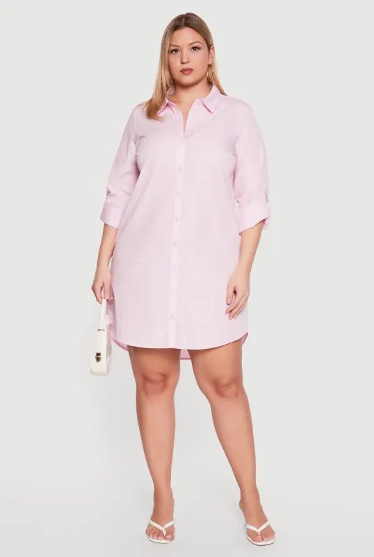 Plus Size Poplin Tabbed Sleeve Shirt Dress made by Rainbow