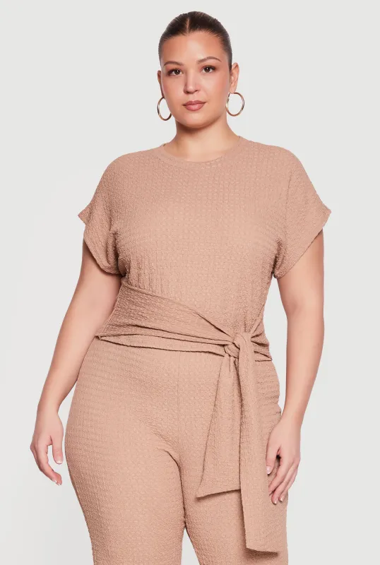 Plus Size Textured Knit Tie Front Blouse made by Rainbow