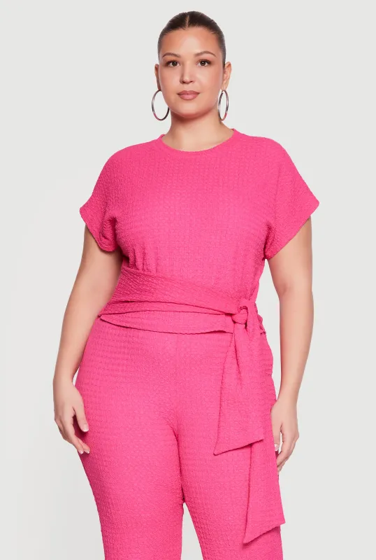 Plus Size Textured Knit Tie Front Blouse made by Rainbow