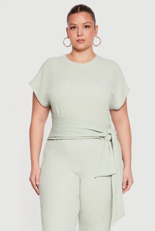 Plus Size Textured Knit Tie Front Blouse made by Rainbow