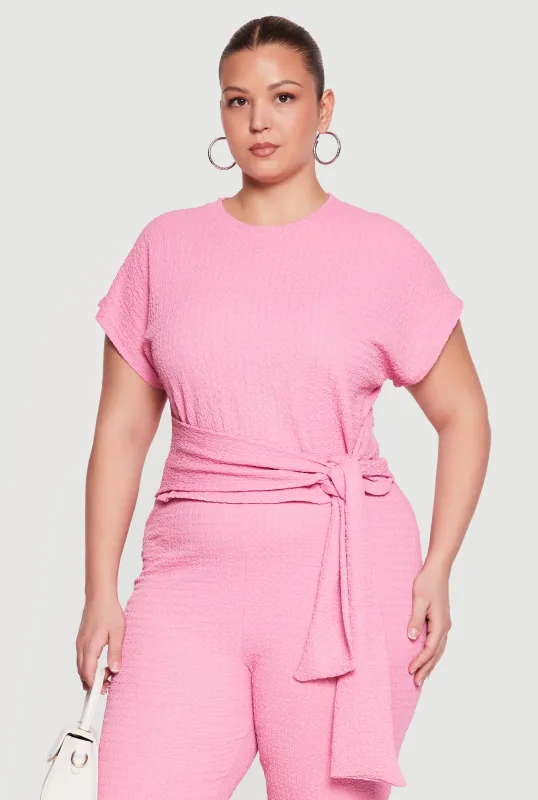 Plus Size Textured Knit Tie Front Blouse made by Rainbow