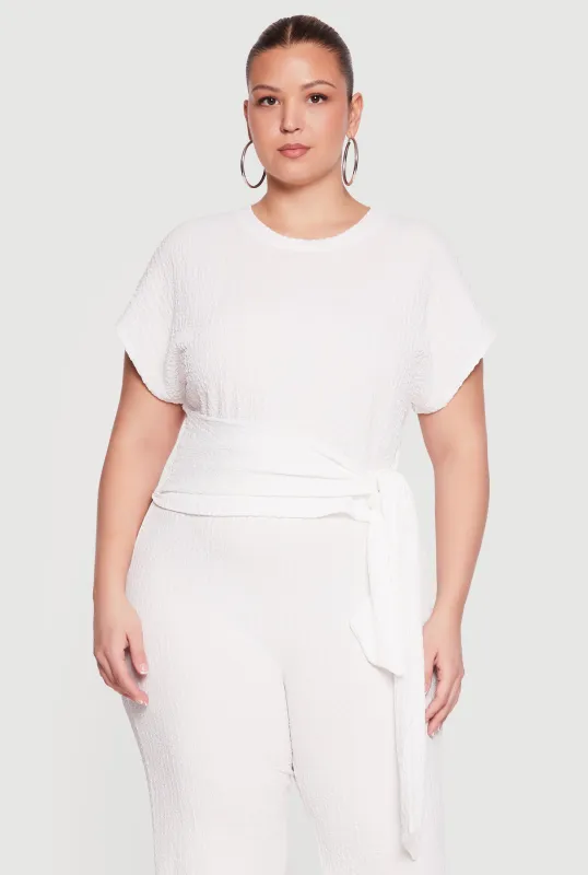 Plus Size Textured Knit Tie Front Blouse made by Rainbow