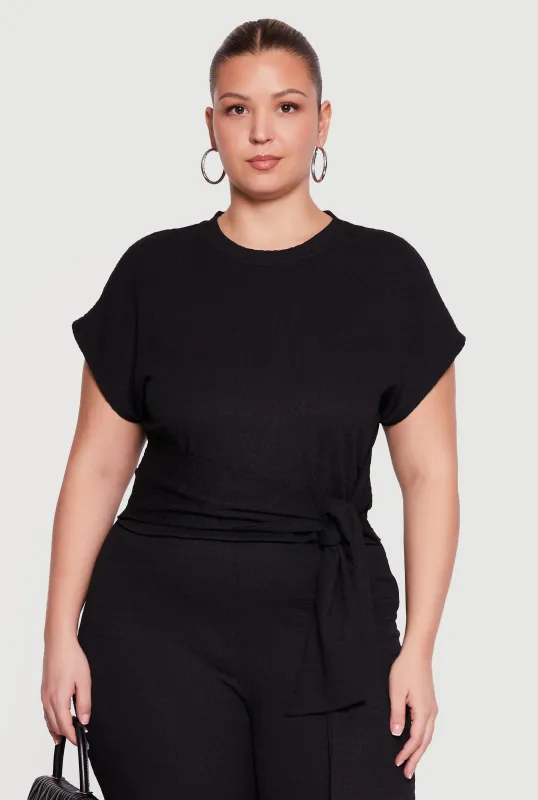 Plus Size Textured Knit Tie Front Blouse made by Rainbow