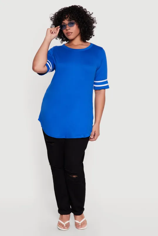 Plus Size Varsity Stripe Detail Short Sleeve Tunic Top made by Rainbow