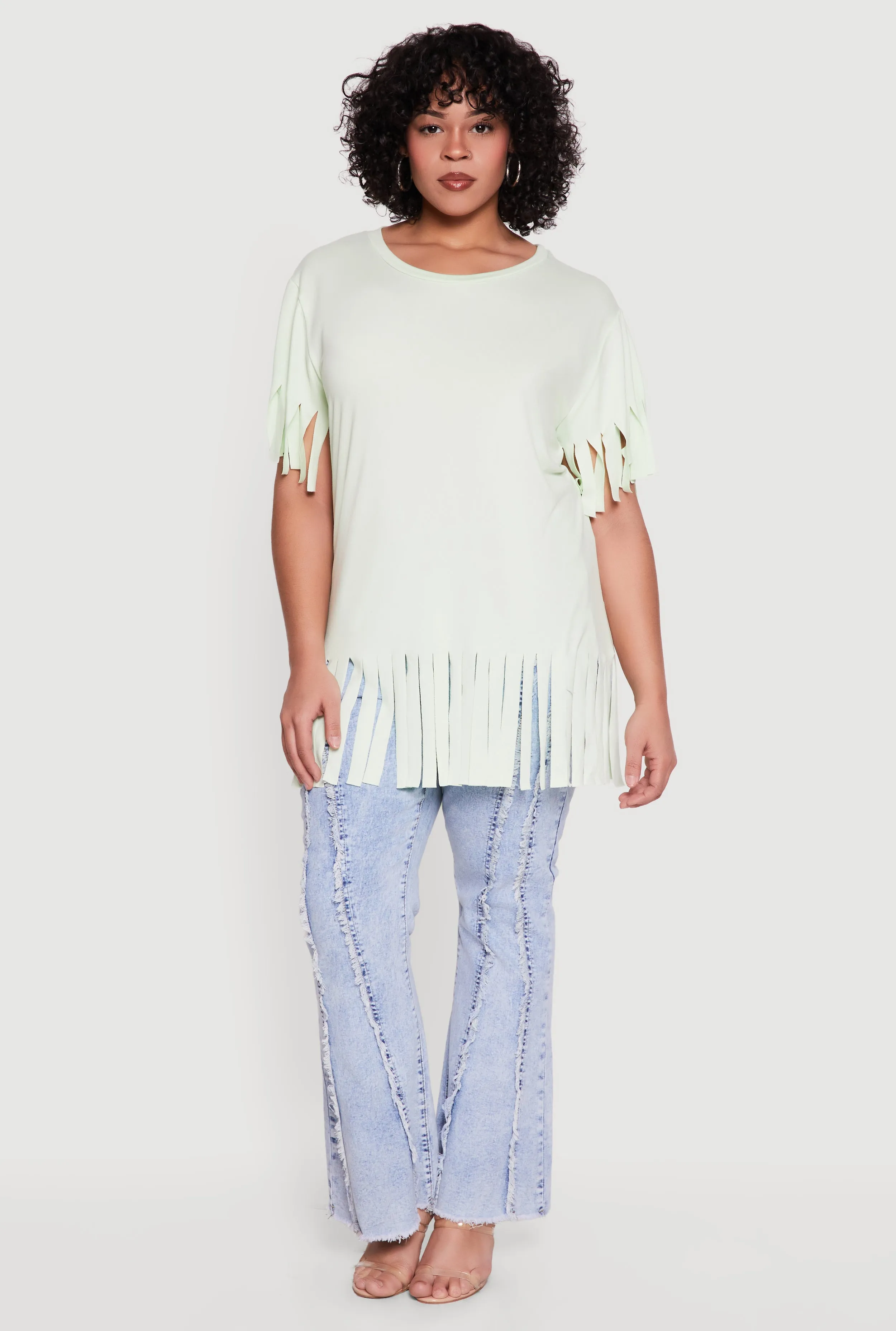 Plus Size Short Sleeve Fringe Hem Tee sold by Rainbow