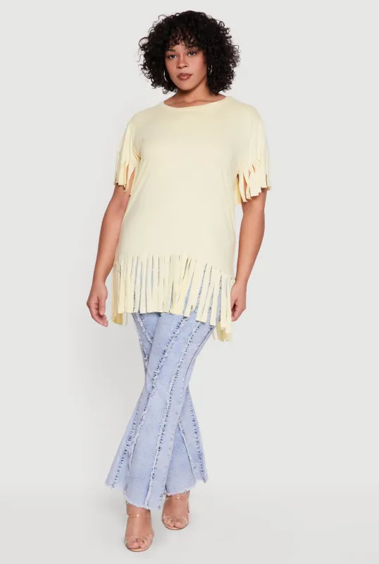 Plus Size Short Sleeve Fringe Hem Tee made by Rainbow