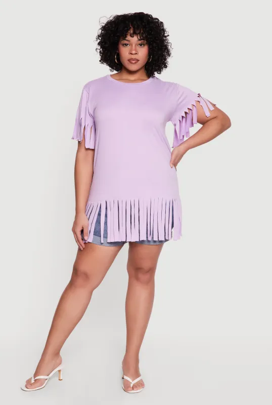 Plus Size Short Sleeve Fringe Hem Tee made by Rainbow