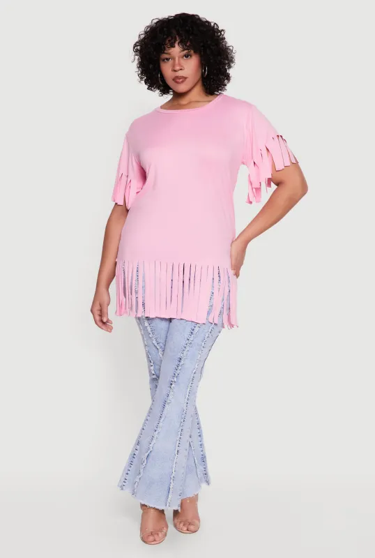 Plus Size Short Sleeve Fringe Hem Tee made by Rainbow