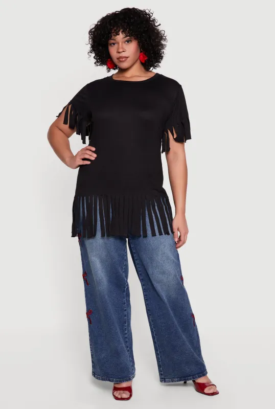 Plus Size Short Sleeve Fringe Hem Tee made by Rainbow