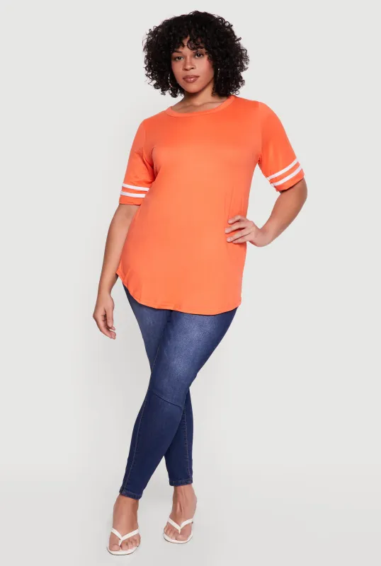 Plus Size Varsity Stripe Detail Short Sleeve Tunic Top made by Rainbow