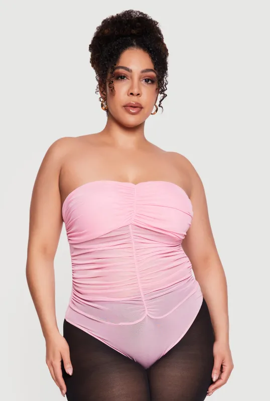 Plus Size Mesh Ruched Strapless Bodysuit made by Rainbow