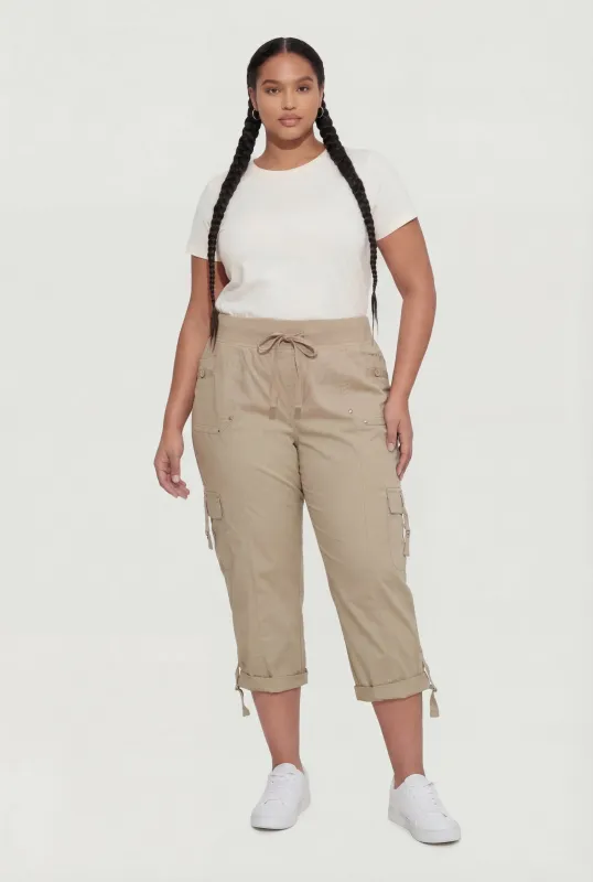 Plus Size High Waisted Cargo Capris with Rolled Cuffs made by Rainbow