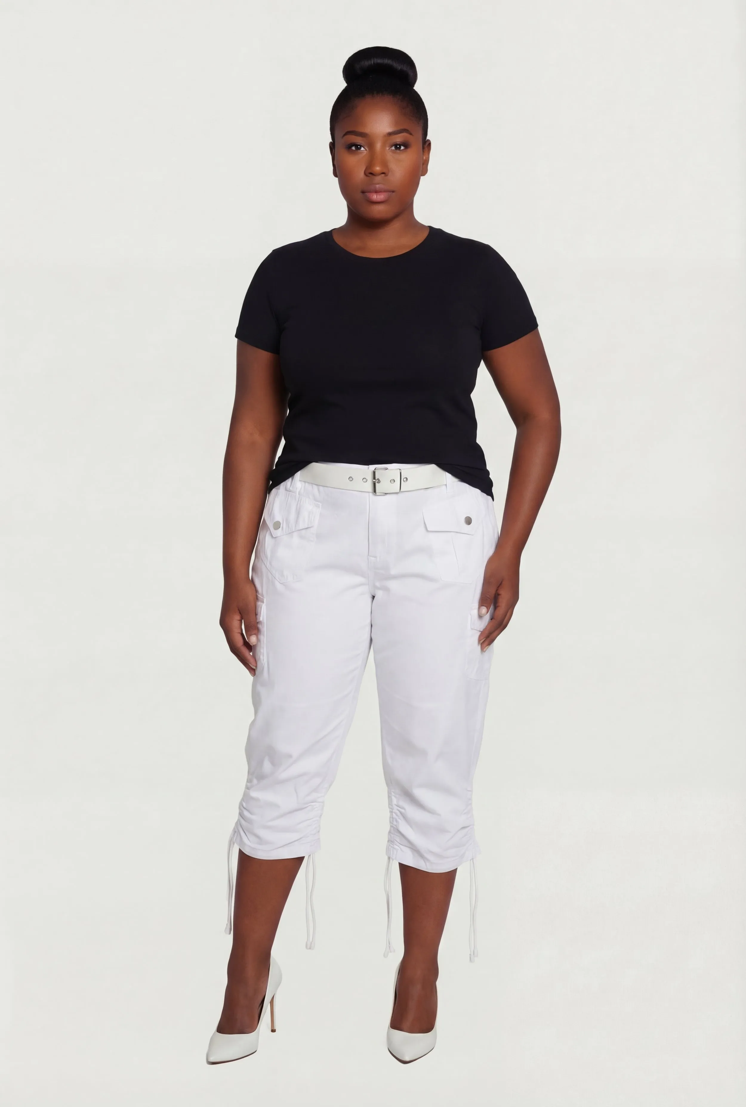 Plus Size Belted Cargo Capri Pants with Ruched Drawstring Hem sold by Rainbow product image thumbnail 2