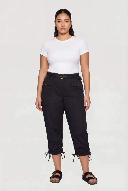 Plus Size Belted Cargo Capri Pants with Ruched Drawstring Hem made by Rainbow