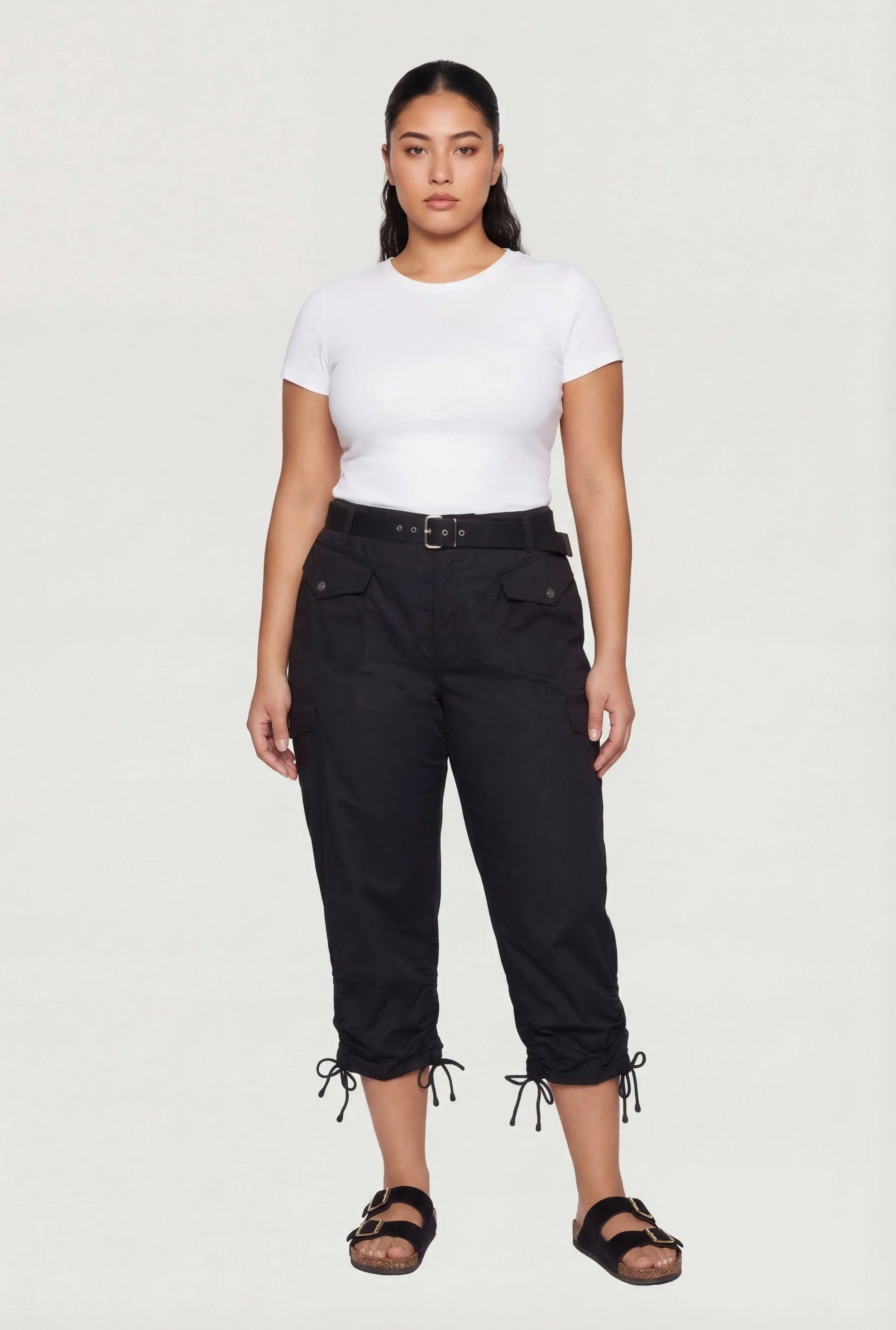 Plus Size Belted Cargo Capri Pants with Ruched Drawstring Hem sold by Rainbow