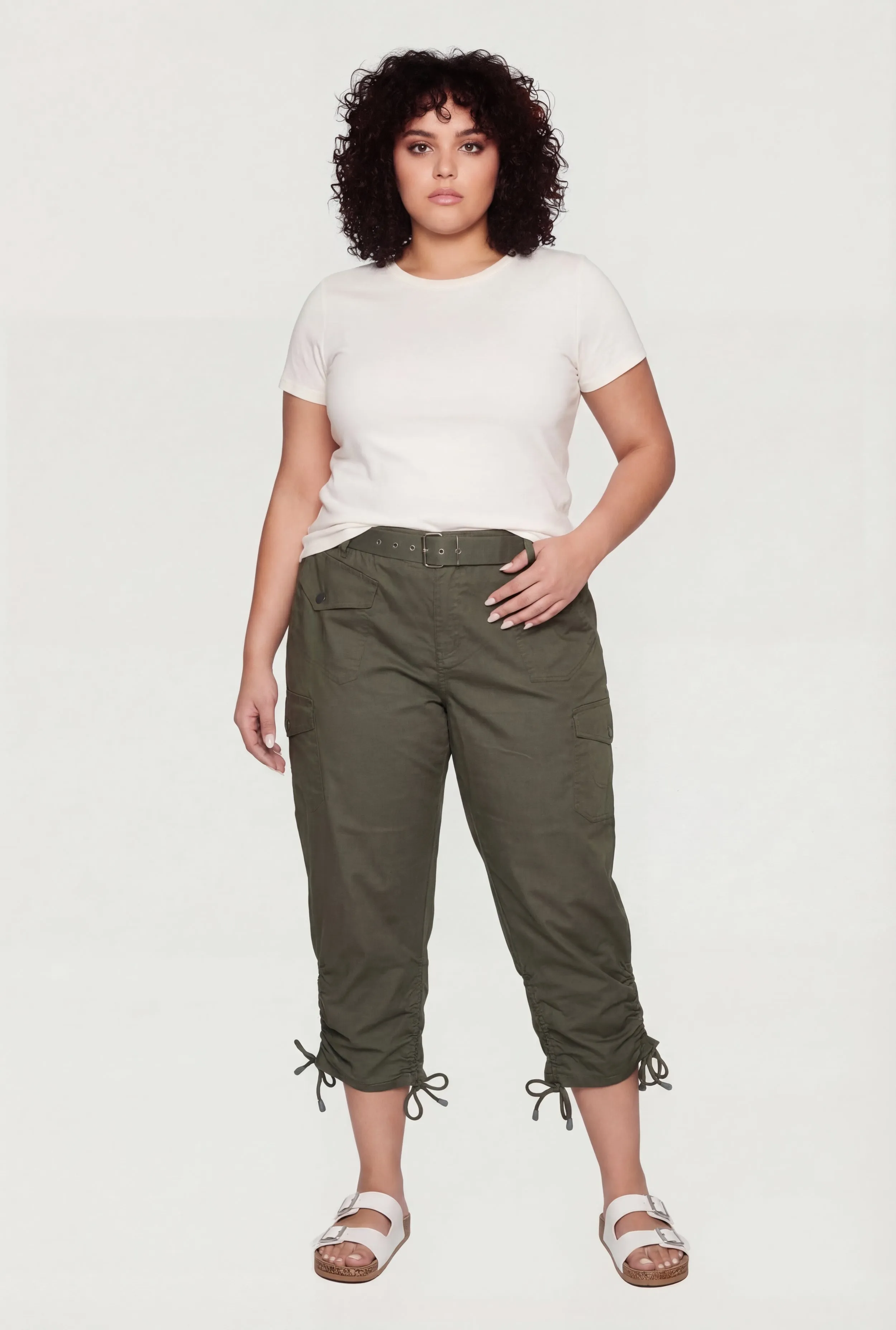 Plus Size Belted Cargo Capri Pants with Ruched Drawstring Hem sold by Rainbow product image thumbnail 5