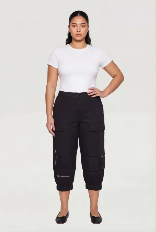 Plus Size High Waisted Cargo Capris with Zip Pockets made by Rainbow