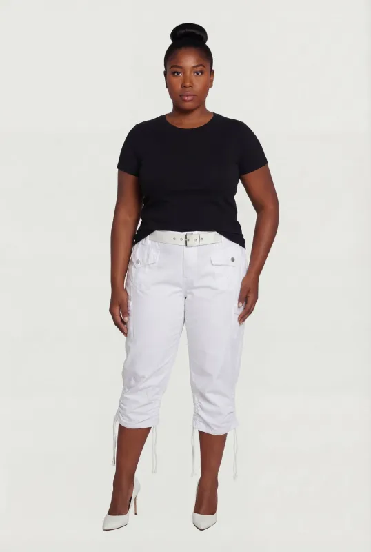 Plus Size Belted Cargo Capri Pants with Ruched Drawstring Hem made by Rainbow