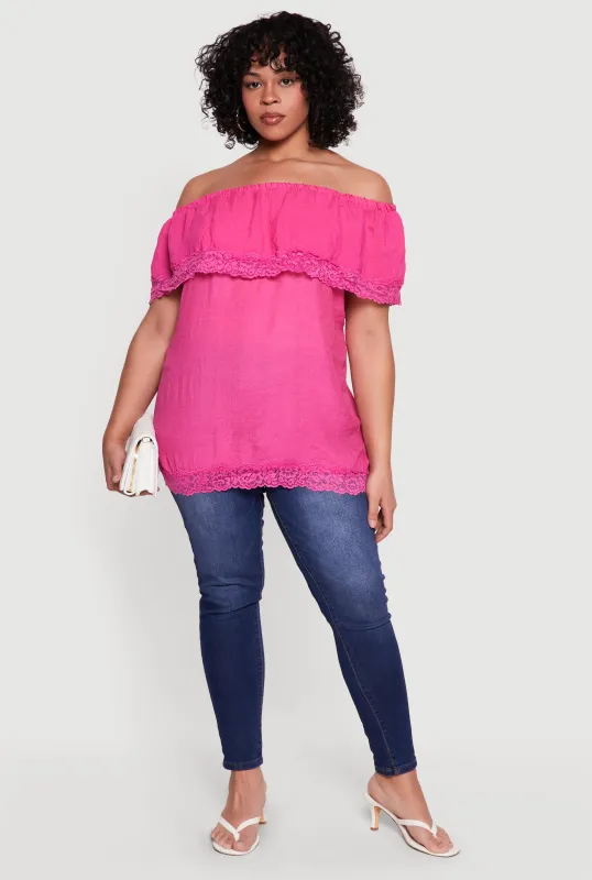 Plus Size Lace Trim Off The Shoulder Blouse made by Rainbow